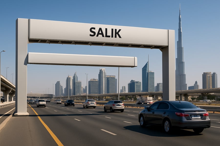 Dubai highway with electronic toll gate Dubai highway with electronic toll gate
